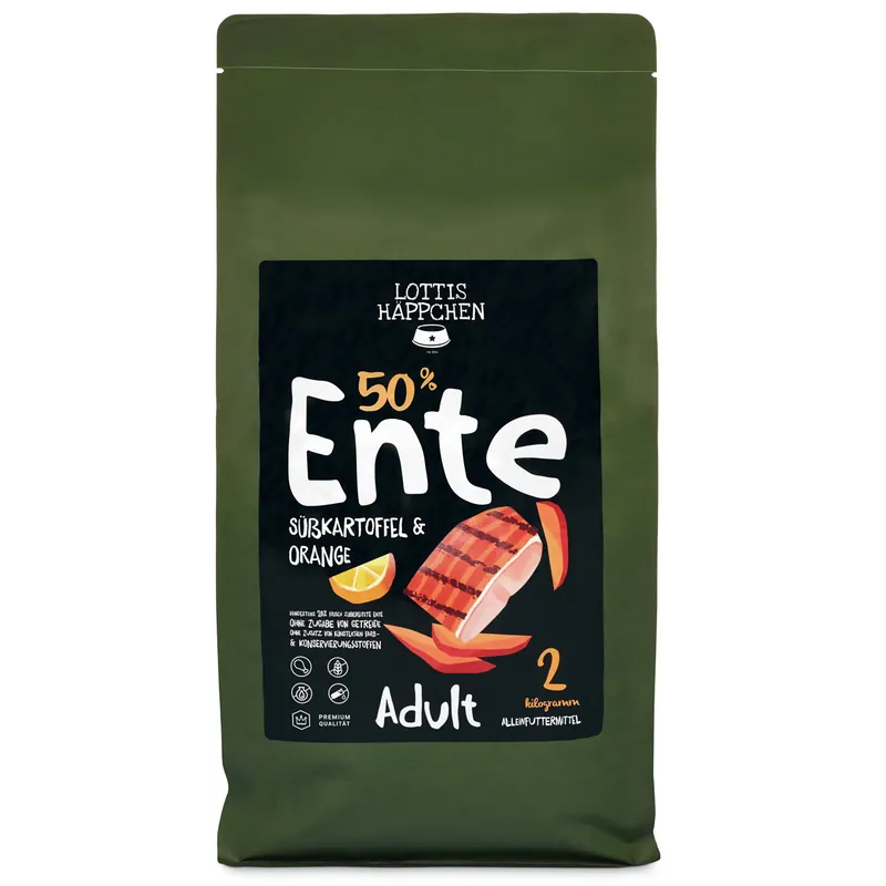 Ausverkauf Sparpaket 2 x 2 kg Lottis Häppchen 50 % Ente, Süßkartoffel & Orange Adult Hunde Trockenfutter